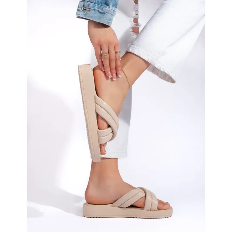 Tongs plateforme femme beiges
